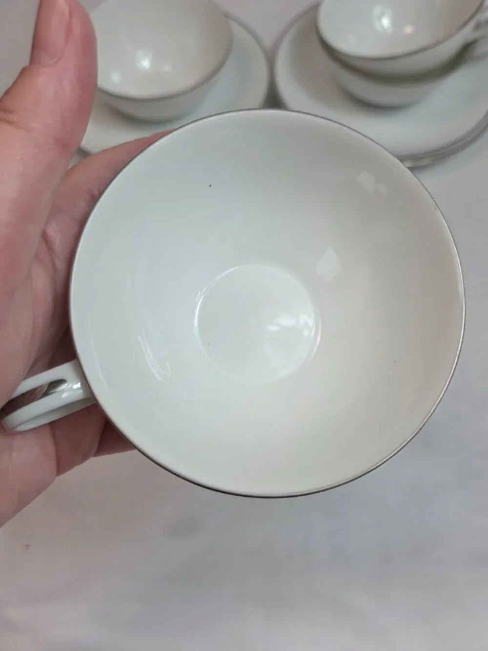FOUR Noritake Colony Cup & Saucer Sets White Coupe Shape Platinum Trim